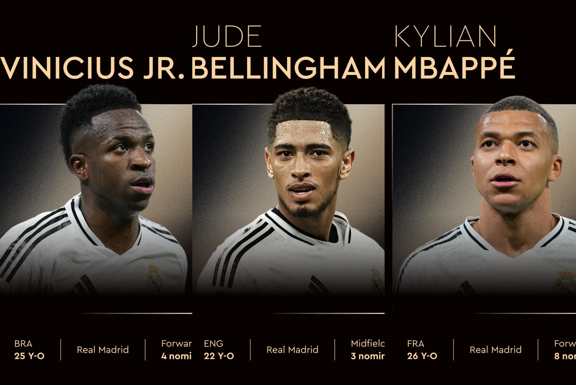 Vinicius, Bellingham y Mbappé, los tres nominados del Real Madrid al Balón de Oro 2025.