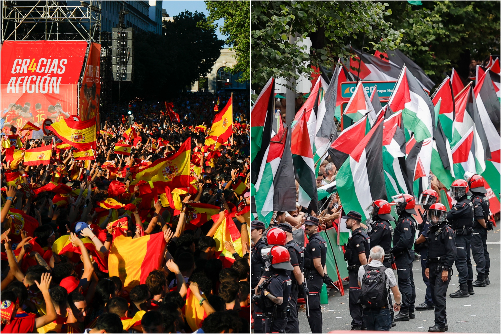 La celebración en Madrid tras la consecución de la pasada Eurocopa y un momento de La Vuelta este ejercicio.