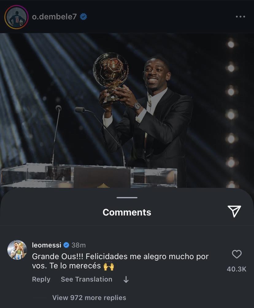 Mund të jetë një imazh i 1 person, Duke luajtur basketboll dhe teksti që thotë "o.dembele7 Comments 38m leomessi Grande Ous!!! Felicidades me alegro mucho por vos. Te lo merecés Reply See Translation View 972 more replies 40.3K"