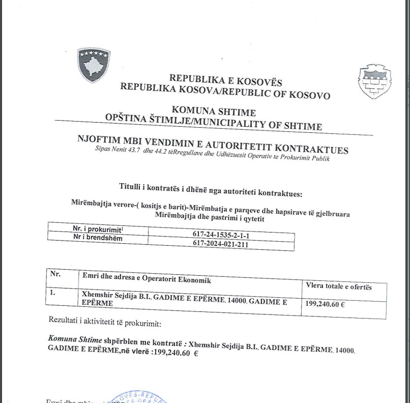 Tenderi 800 mijë euro në Shtime: Dyshime për favorizim, kompania që u ankua u tërhoq papritur - Insajderi - xhemshiri mirmatja