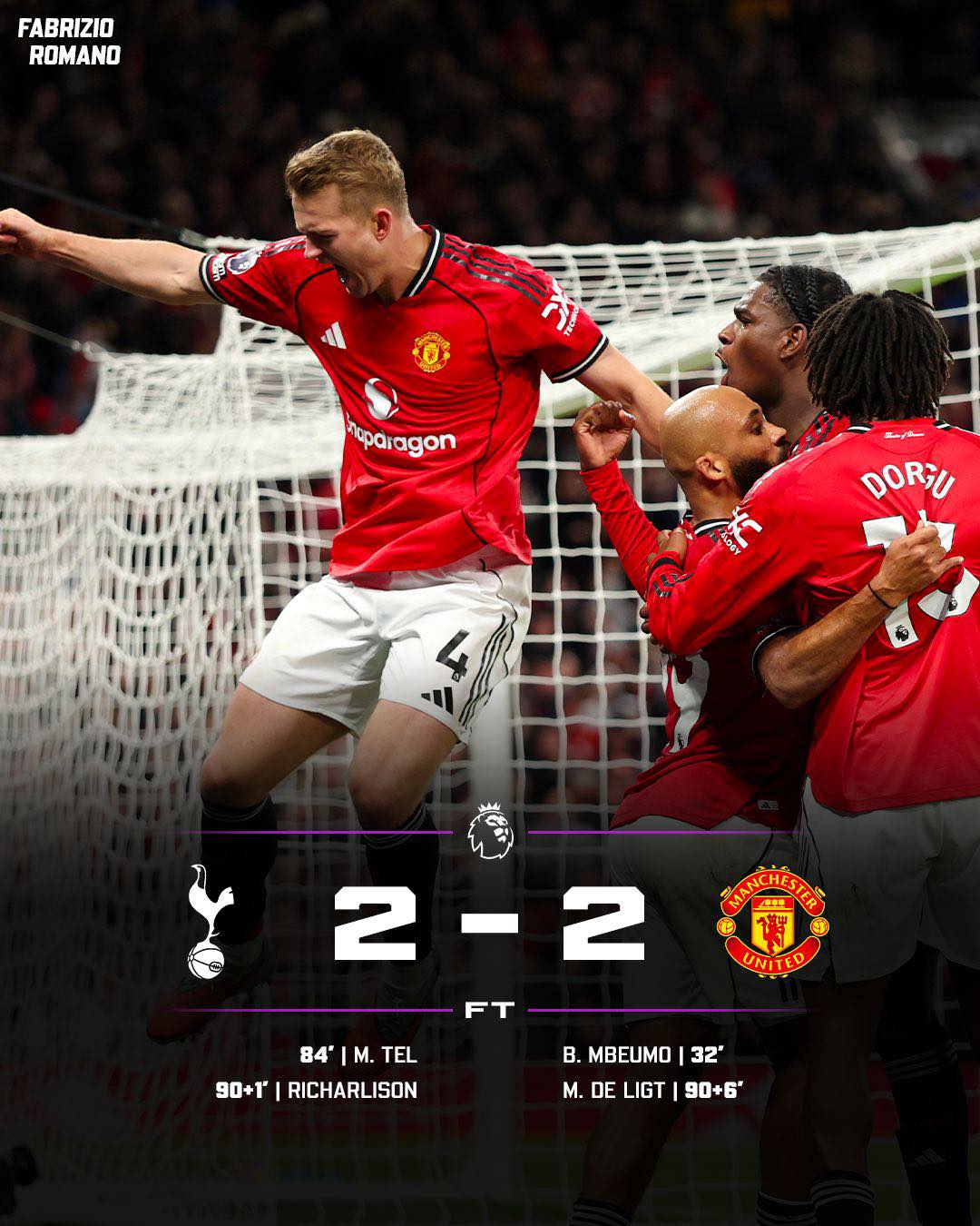 Mund të jetë një imazh i futboll, futboll dhe teksti që thotë "FABRIZIO ROMANO paragon DOREU 2-2 2 FT আআমকাक ን UNITED 84' 84'IM.TEL 84'|M. |M. TEL 90+1 30+|RICHARLISON RICHARLISON B. MBEUMO B.MBEUMO|32 32' M. DE LIGT 90+6'"