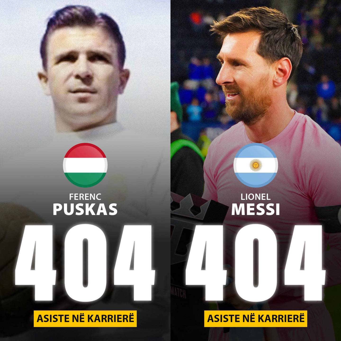 Mund të jetë një imazh i teksti që thotë "FERENC LIONEL PUSKAS MESSI 404 404 ASISTENEKARRIERE ASISTE NẼ KARRIERE ASISTENEKARRIERE ASISTE NE KARRIERỄ"