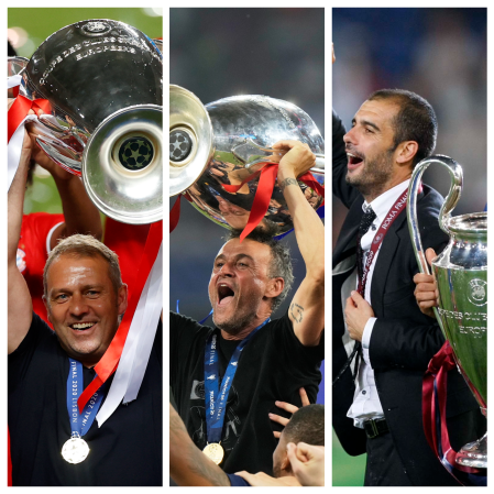 Flick, Luis Enrique y Guardiola, con las Champions 2019-20, 2024-25 y 2025-26