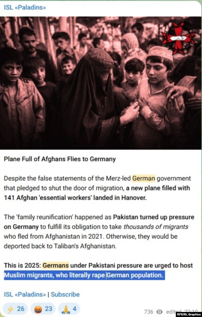 Postimi i "ISL Paladins"-it për migrantët nga Afganistani (Telegram, dhjetor 2025).