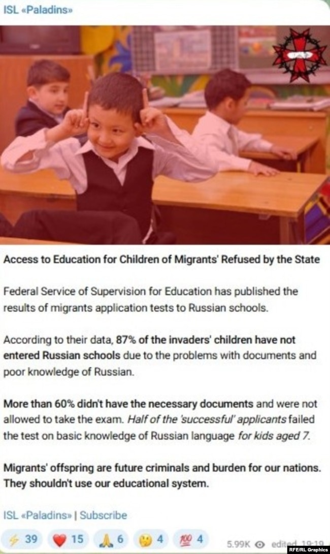 Postimi i "ISL Paladins"-it për regjistrimin e fëmijëve nga familjet migrante në shkollat në Rusi (Telegram, tetor 2025).