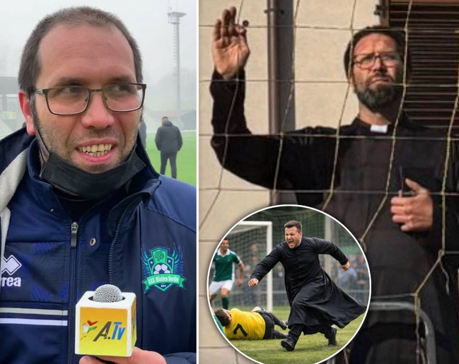 Trajneri i pezulluar hyn në fushë i veshur si prift për të ndjekur skuadrën, rreh kundërshtarët