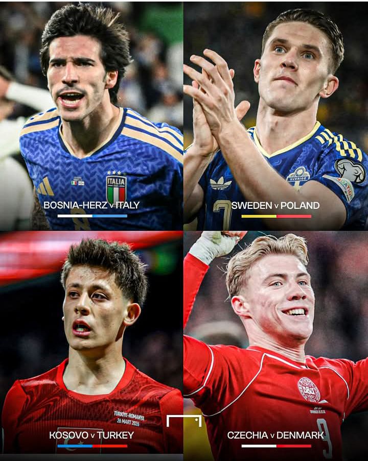Mund të jetë një imazh i futboll, futboll dhe teksti që thotë "ITALIA BOSNIA-HERZVITAL HERZ EYEARE SWEDEN SWEDENPOLAND POLAND ป้ล- 26MAR 2026 TИUUФTε ROMANTE KOSOVO KOSOVOvTURKEY TURKEY K CZECHIA CZECHIAvDEN v DENMARK"