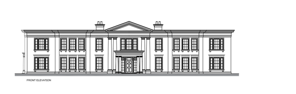 Illustration of a classical mansion front elevation with a portico entrance.