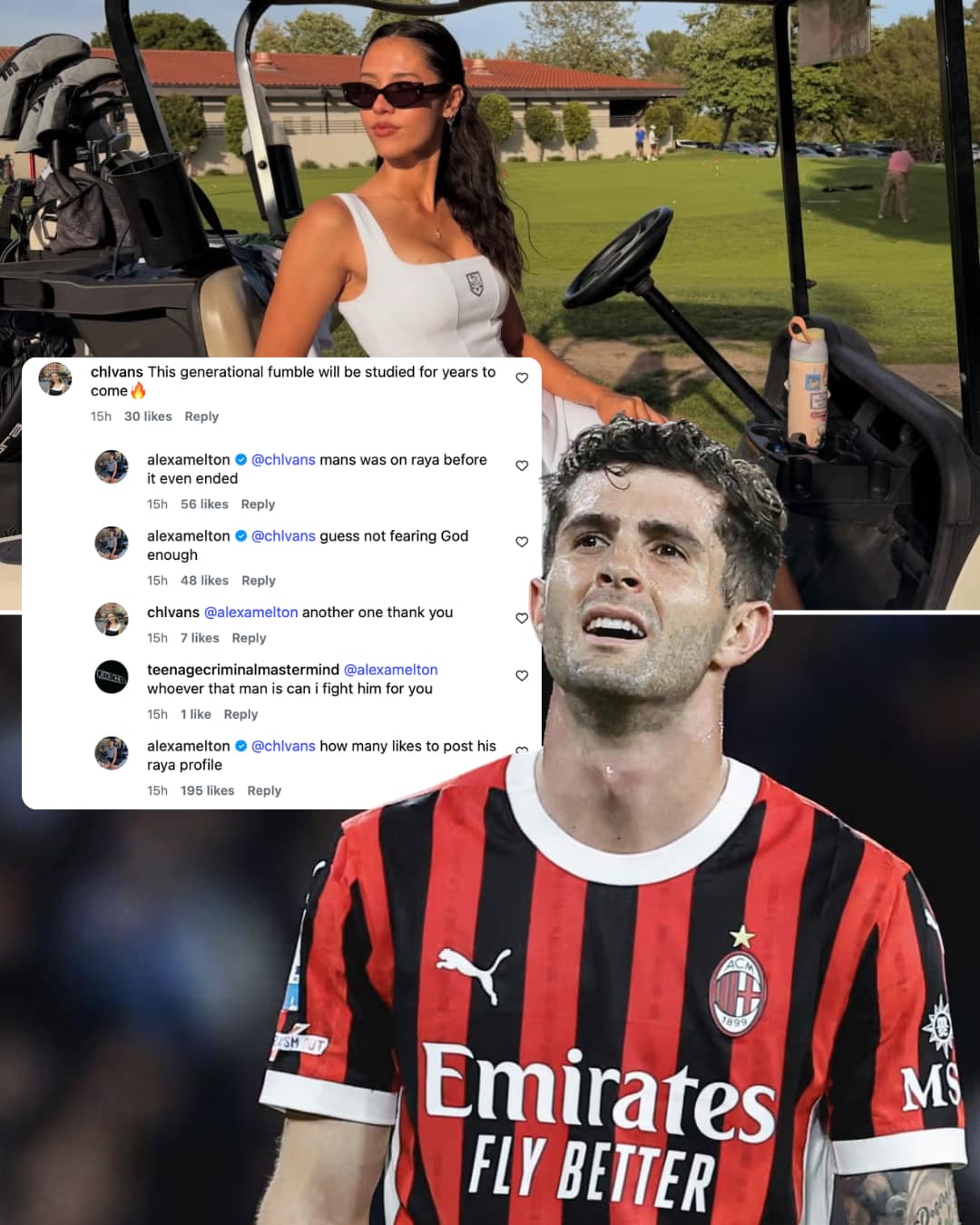 Mund të jetë një imazh i futboll, golf, futboll, fushë golfi dhe teksti që thotë "chivans This generational fumble will come 15h 30 ikes Reply studied years to alexamelton @chivans mans was on aya before teven ended 15h 15h likes Reply ថ្ម alexamelton enough 15h likes Reply @chivans guess not fearing God chivans @alexamelton another one thank you 7likes teenagecriminalmastermind @alexamelton whoever fight you 1like Reply @chivans how many likes alexamelton raya profile 15h 195 likes Reply post his SMJ 1899 Emirates FLY BETTER MS"