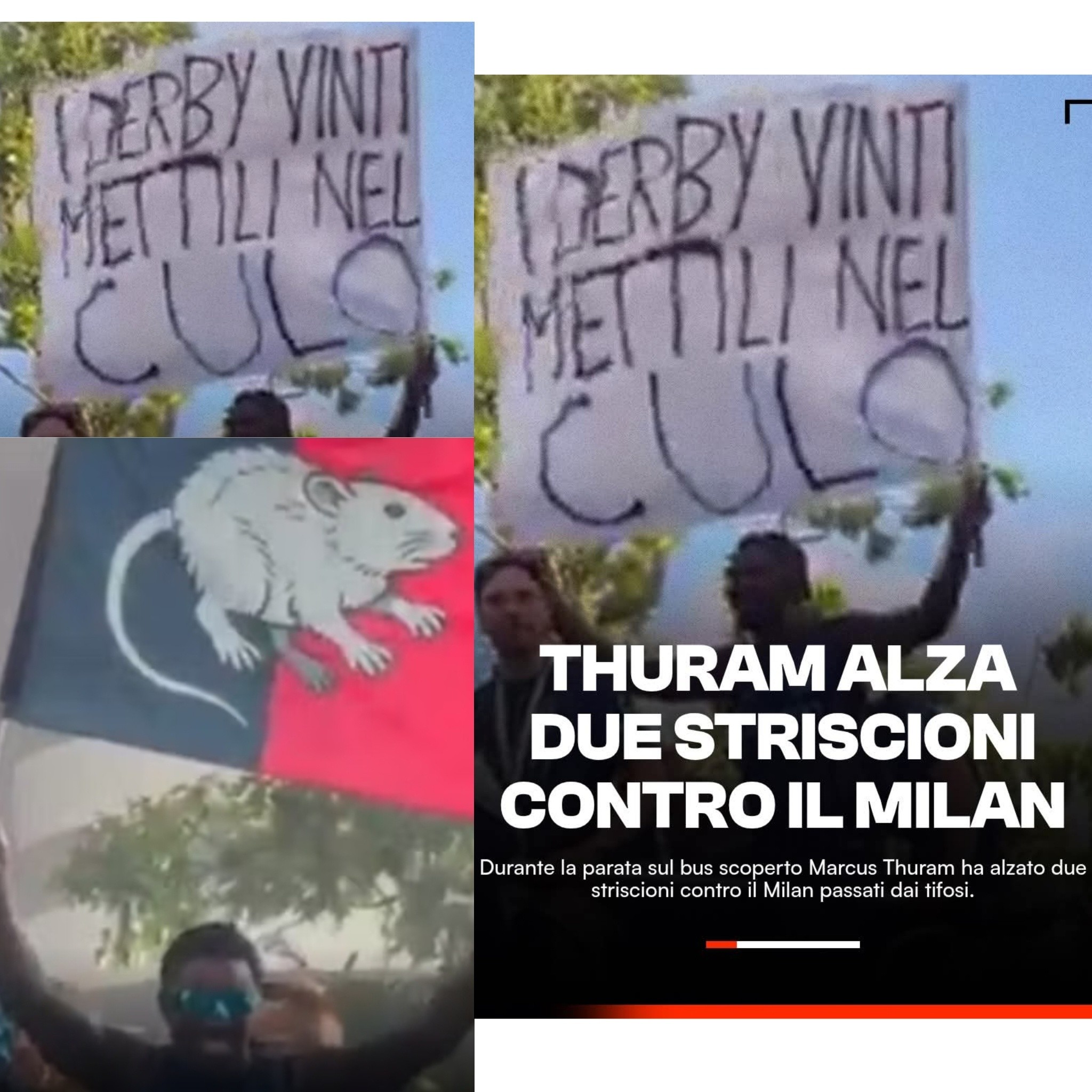 Mund të jetë një imazh i teksti që thotë "IDERBY y METTIL! NEL (DERBY YN METTIL! NEL THURAM ALZA DUE STRISCIONI CONTROI IL MILAN Durante la parata sul bus scoperto Marcus Thuram ha alzato due striscioni contro Milan passati dai tifosi."