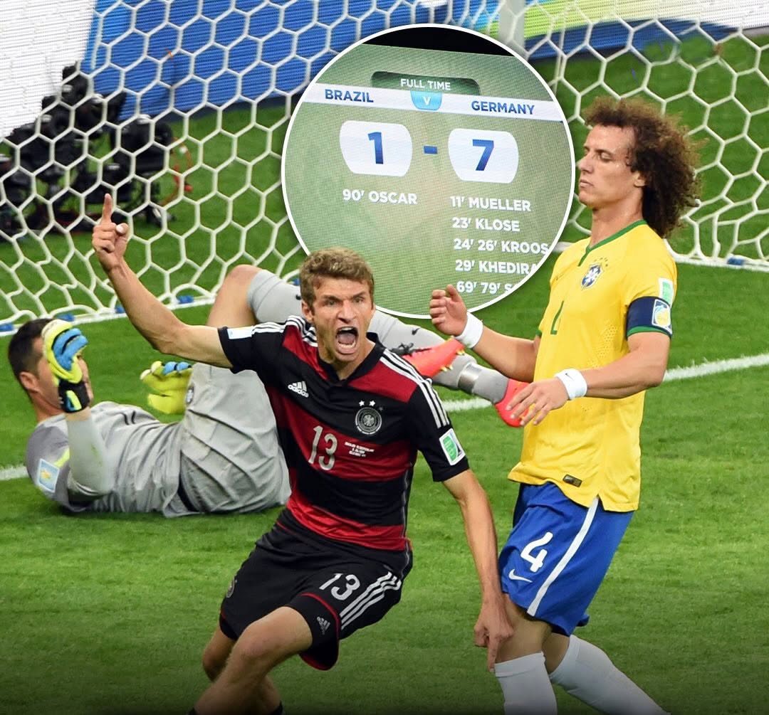 Mund të jetë një imazh i futboll, futboll dhe teksti që thotë "FULLTIME FULL TIME BRAZIL GERMANY - 1 90'OSCAR 90' OSCAR 7 ירו MUELLER 23' KLOSE 24 26' KROOS 29r KHEDIR 69' 79 ( ไว U 4 13f 13"