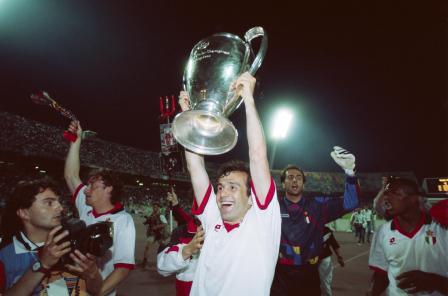 ATHENS, GREECE - MAY 18: AC Milan player Dejan Savicevic holds aloft the trophy after the 1994 UEFA European Cup Final victory against Barcelona on May 18th, 1994 in Athens, Greece. (Photo by Shaun Botterill/Allsport/Getty Images/Hulton Archive)