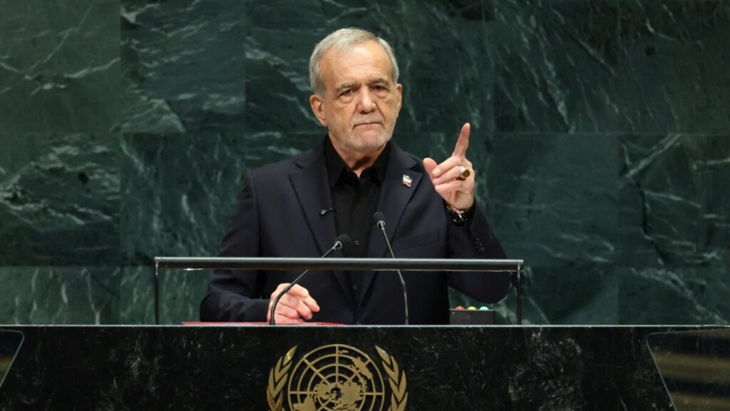 Presidenti iranian, Masoud Pezeshkian, e kundërshtoi trysninë amerikane në fjalimin e tij në Asamblenë e Përgjithshme të OKB-së, 23 shtator 2026.