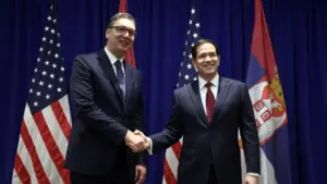 Sekretari amerikan i Shtetit, Marco Rubio, me presidentin serb Aleksandar Vuçiq, 23 shtator 2025, në Nju Jork.